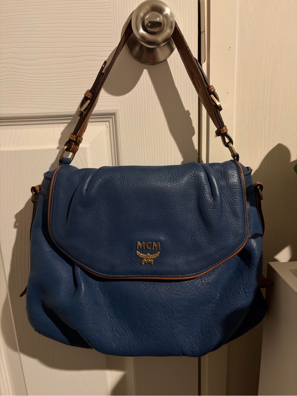 MCM Blue Leather Shoulder Bag with Brown Trim